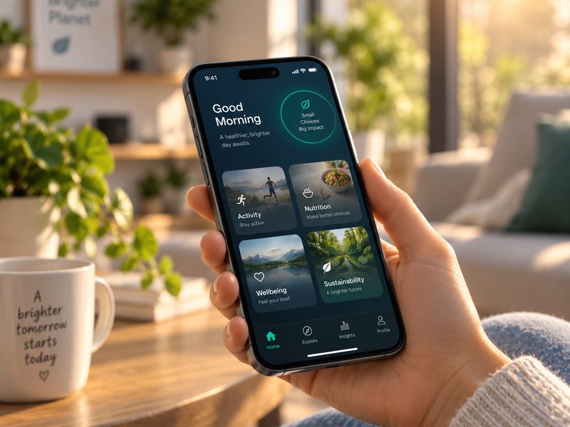 Hand holding a smartphone showing a wellbeing app.